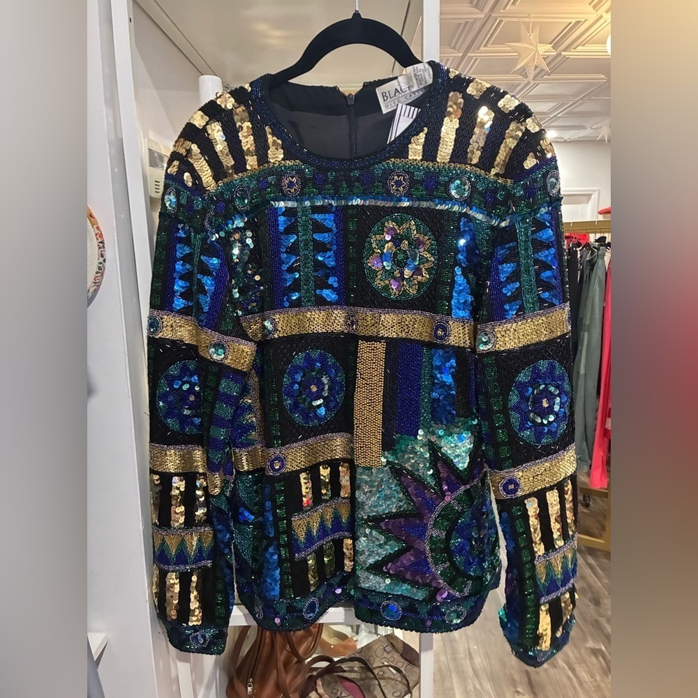 Oleg Cassini Black Tie vintage Colorful Sequin 100% silk Embellished top